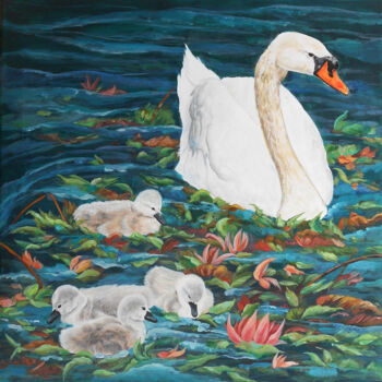 Peinture intitulée "Swans/ Family" par Athanasia Karatza, Œuvre d'art originale, Acrylique Monté sur Châssis en bois