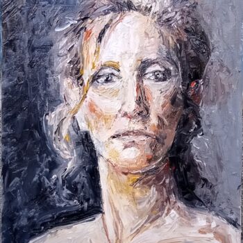 Painting titled "Portrait woman 1" by Athanasios Ksagaras, Original Artwork, Oil Mounted on Wood Stretcher frame