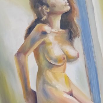 Painting titled "Nude 13" by Athanasios Ksagaras, Original Artwork, Oil Mounted on Wood Stretcher frame