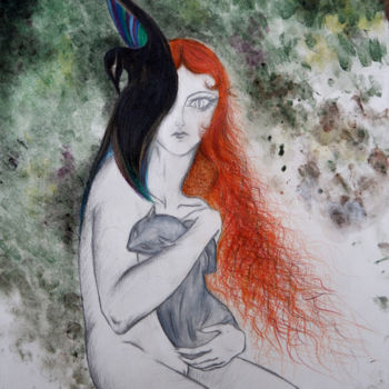 Painting titled "Femme avec chat" by Athénaïs Wall, Original Artwork