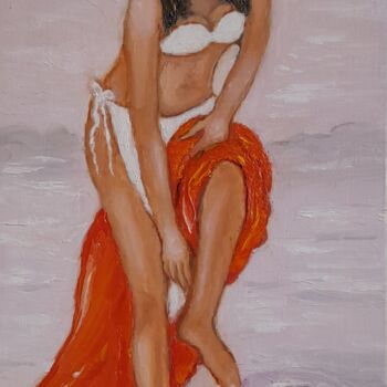 Painting titled "La baigneuse" by A.Tika, Original Artwork, Oil Mounted on Wood Stretcher frame