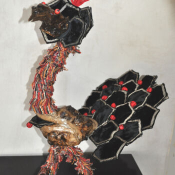 Sculpture intitulée "Le paon d'Héra" par Monique Attard, Œuvre d'art originale, Tissu
