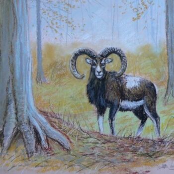Painting titled "mouflon in forest" by Attila Karácsony, Original Artwork