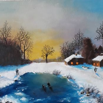 Peinture intitulée "Pêche sur étang gel…" par Beppe, Œuvre d'art originale, Huile