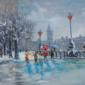 Painting titled "Passants sous la ne…" by Beppe, Original Artwork, Oil