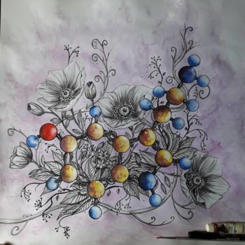 Desenho intitulada "Séro-fleurs" por Audrey Claire, Obras de arte originais, Aquarela