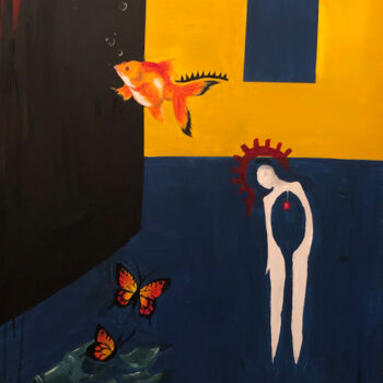Painting titled "Poisson" by Audrey Laverne, Original Artwork, Acrylic Mounted on Wood Stretcher frame