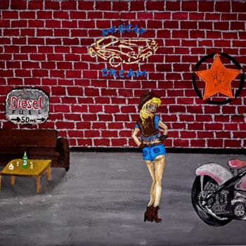 Peinture intitulée "Moto biker retro" par Audrey Matignon, Œuvre d'art originale, Aquarelle Monté sur Châssis en bois