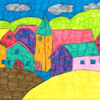 Dessin intitulée "le village montagna…" par Audrey Segura, Œuvre d'art originale, Crayon