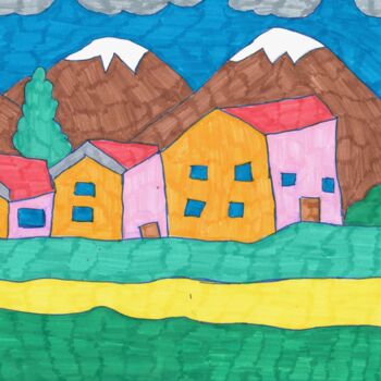 Dessin intitulée "le village coloré" par Audrey Segura, Œuvre d'art originale, Encre