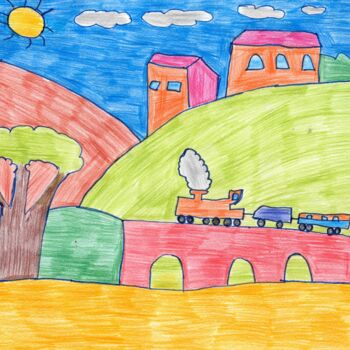 Drawing titled "le train sur le pont" by Audrey Segura, Original Artwork, Pencil