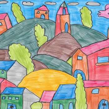 Dessin intitulée "les maisons au dess…" par Audrey Segura, Œuvre d'art originale, Crayon