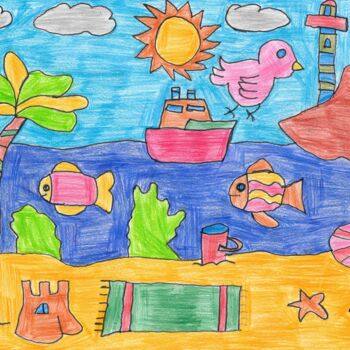 Dessin intitulée "la mer et ses poiss…" par Audrey Segura, Œuvre d'art originale, Crayon