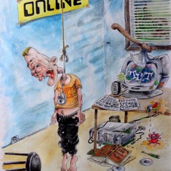 Painting titled "Online" by August Di Lena, Original Artwork, Watercolor Mounted on Cardboard
