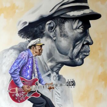 Schilderij getiteld "Chuck Berry" door August Di Lena, Origineel Kunstwerk, Acryl Gemonteerd op Frame voor houten brancard