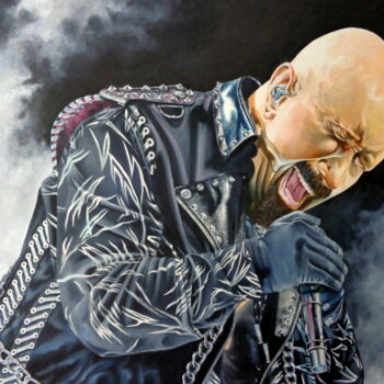Painting titled "Rob Halford (JUDAS…" by August Di Lena, Original Artwork, Acrylic Mounted on Wood Stretcher frame
