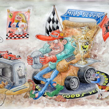 Painting titled "Formel 1 Fan" by August Di Lena, Original Artwork, Watercolor Mounted on Cardboard