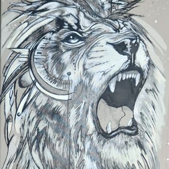 Painting titled "LION GRAPHIK" by Aurel, Original Artwork, Acrylic Mounted on Wood Stretcher frame