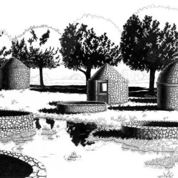 Tekening getiteld "Les puits romains" door Sénéca A, Origineel Kunstwerk