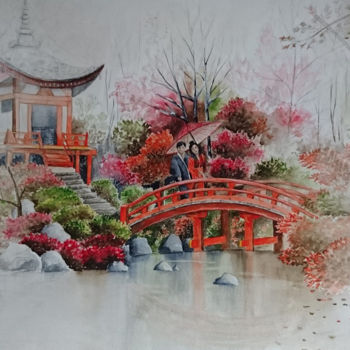 Painting titled "Love in Kyoto" by Aurélie Giraud, Original Artwork, Watercolor