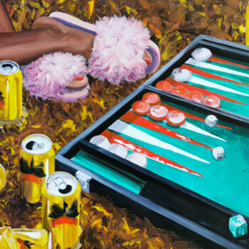 Painting titled "Apéro Backgammon" by Aurélie Quentin, Original Artwork, Oil Mounted on Wood Stretcher frame
