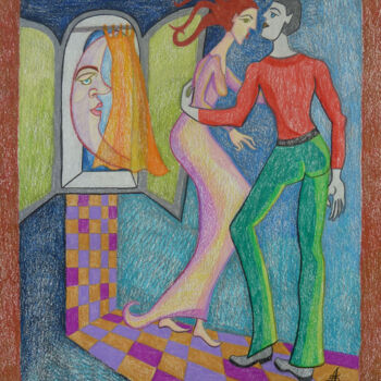 Рисунок под названием "Les Amoureux du cla…" - Aurélie Sarrazin, Подлинное произведение искусства, Карандаш
