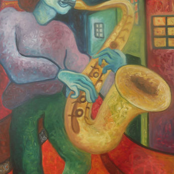 Картина под названием "Musicien dans la ru…" - Aurélie Sarrazin, Подлинное произведение искусства, Масло