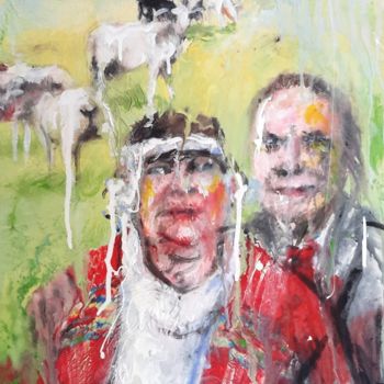 Pittura intitolato "Couple aux moutons" da Aurore Lanteri, Opera d'arte originale, Cera Montato su Cartone