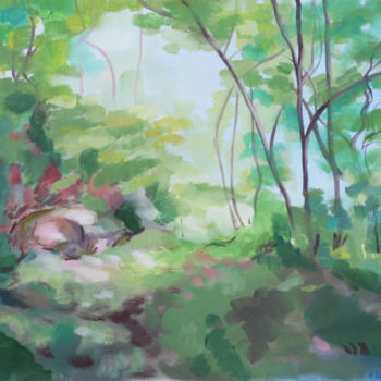 Peinture intitulée "sous bois au rocher…" par Aurore Leclere, Œuvre d'art originale, Huile