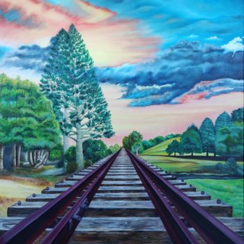 Painting titled "Hope Railway" by Ausra Manamangas, Original Artwork, Oil Mounted on Wood Stretcher frame