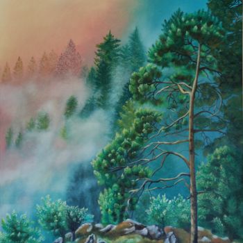 Malarstwo zatytułowany „The Misty Sunrise” autorstwa Ausra Manamangas, Oryginalna praca, Olej Zamontowany na Drewniana rama…