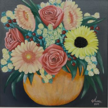 Painting titled "Bouquet of Happiness" by Ausra Manamangas, Original Artwork, Oil Mounted on Wood Stretcher frame