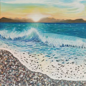 Malarstwo zatytułowany „Sunset over Loutrak…” autorstwa Ausra Manamangas, Oryginalna praca, Olej Zamontowany na Drewniana ra…