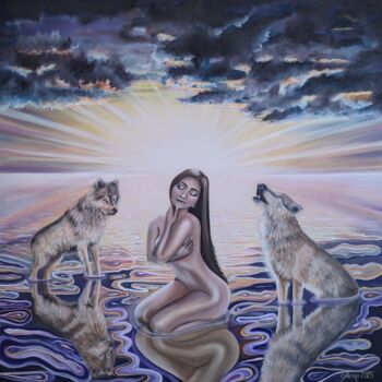 Painting titled "Wolf Soul" by Ausra Manamangas, Original Artwork, Oil Mounted on Wood Stretcher frame