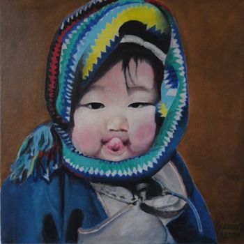 Ζωγραφική με τίτλο "Garoto Mongol" από Avelino Araujo Junior, Αυθεντικά έργα τέχνης, Λάδι Τοποθετήθηκε στο Ξύλινο πάνελ