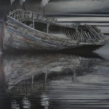 Pintura intitulada "Barco e Garças" por Avelino Araujo Junior, Obras de arte originais, Óleo Montado em Painel de madeira