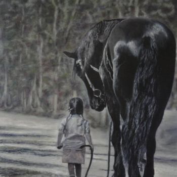 Pintura intitulada "Menina e Cavalo" por Avelino Araujo Junior, Obras de arte originais, Óleo Montado em Painel de madeira