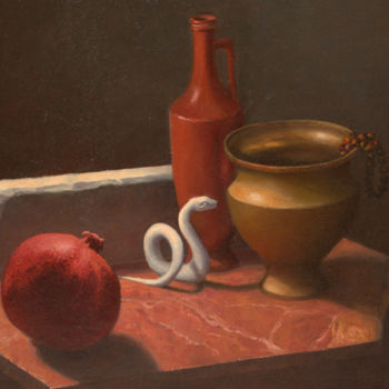 Painting titled "Still life with pom…" by Olga Mis, Original Artwork, Oil
