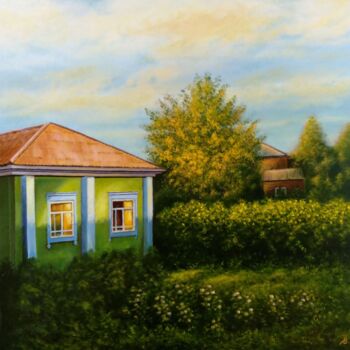 Painting titled "Village Evening / Д…" by Vladimir Abaimov, Original Artwork, Oil