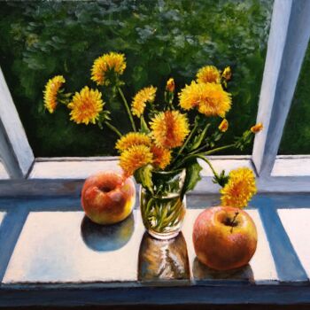 Painting titled "Dandelions on the W…" by Vladimir Abaimov, Original Artwork, Oil