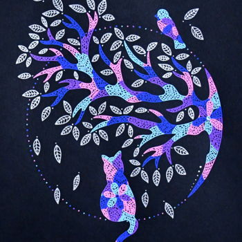 Disegno intitolato "chat et arbre" da Axbane, Opera d'arte originale, Acrilico