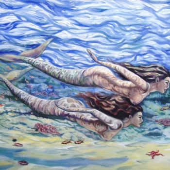 Peinture intitulée "In the dark blue sea" par Nadezhda Donova, Œuvre d'art originale, Huile