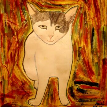 Pittura intitolato "Gato con fondo abst…" da Axel Frías, Opera d'arte originale, Olio