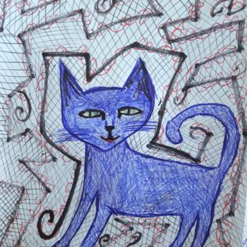 Картина под названием "El gato azul" - Axel Frías, Подлинное произведение искусства, Карандаш