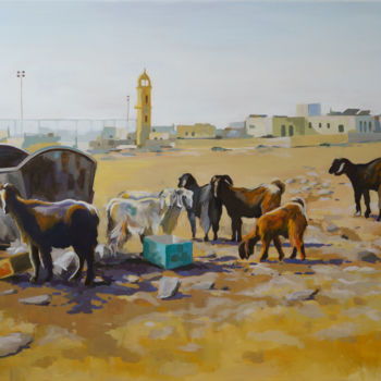 Painting titled "Goats in Jordan" by Axel Jung, Original Artwork, Oil Mounted on Wood Stretcher frame