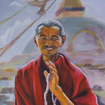 Schilderij getiteld "Tibetischer Mönch" door Axel Jung, Origineel Kunstwerk, Olie Gemonteerd op Frame voor houten brancard