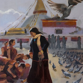 Pittura intitolato "Tibeterin an der St…" da Axel Jung, Opera d'arte originale, Olio Montato su Telaio per barella in legno