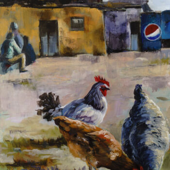 Malerei mit dem Titel "Hühner im Slum" von Axel Jung, Original-Kunstwerk, Öl Auf Keilrahmen aus Holz montiert
