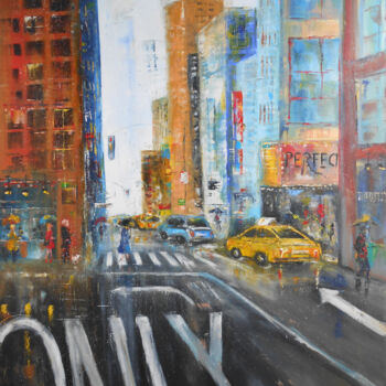 Painting titled "Averse à New-York" by Axelle Bosler, Original Artwork, Oil Mounted on Wood Stretcher frame