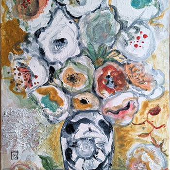 Peinture intitulée "Fleurs au pot clair" par Ayako Guerin, Œuvre d'art originale, Acrylique Monté sur Châssis en bois